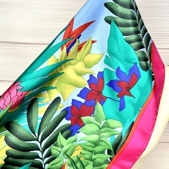 Perry Ellis Oblong Silk Scarf Bright Green Pink Tropical Floral 17x64” Japan Vtg - Picture 7 of 12